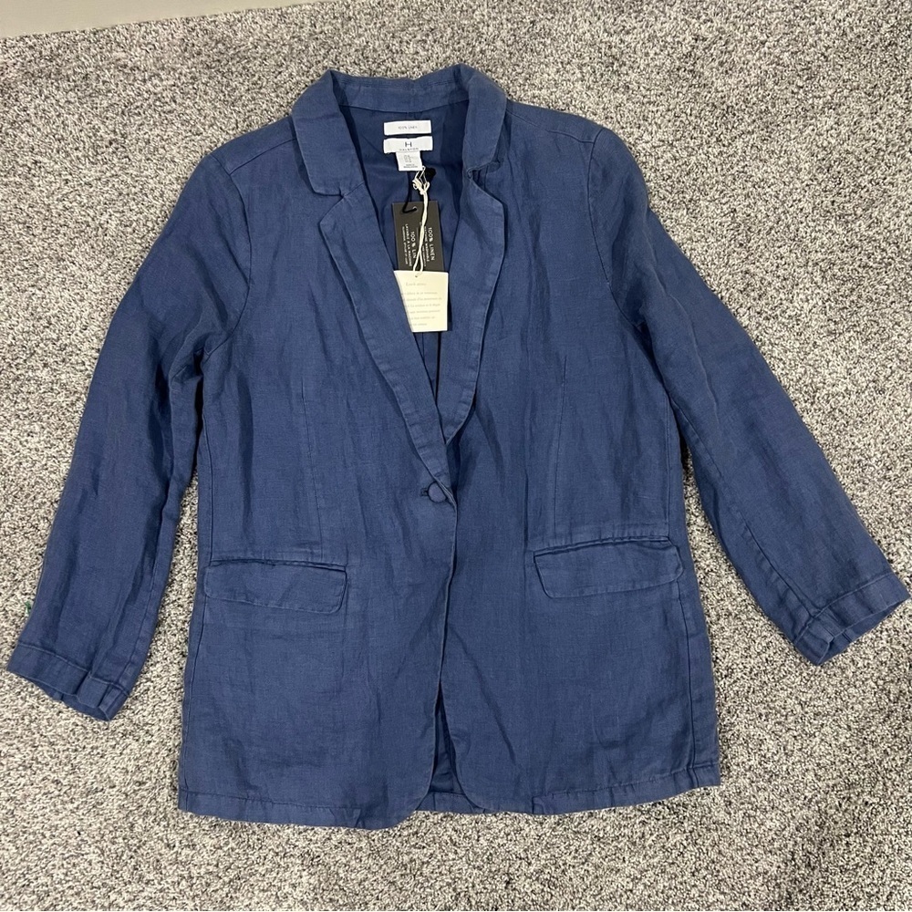 NWT Halston Vintage Look 100% Linen Blue Single Blazer Jacket Women’s Size M